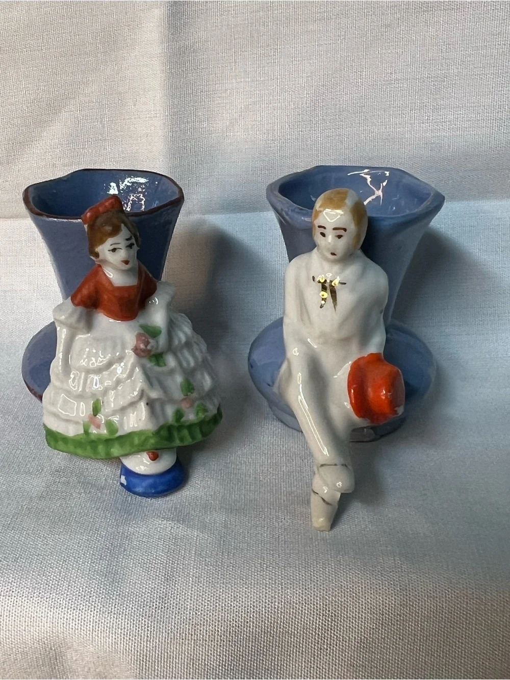 Pair of Vintage Miniature Figural Couple w/ Blue Vases
